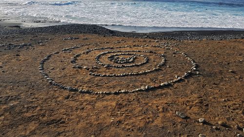 High angle view of text on beach