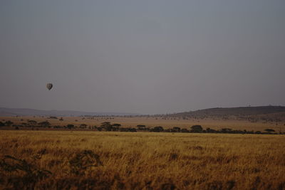 Scenic view of field against clear sky with hot air balloon