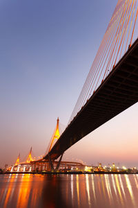 Suspension bridge over river against sky during sunset