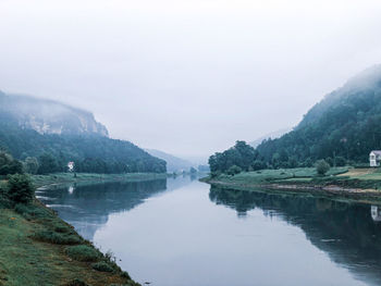 Scenic view of river and mountains against sky