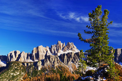 Scenic view of tree mountains against blue sky