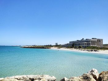 Panoramic shot of sea against clear blue sky