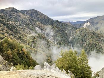 Scenic view of waterfall against sky