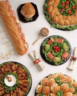 High angle view of food served on table