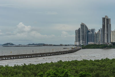 Modern buildings by sea against sky