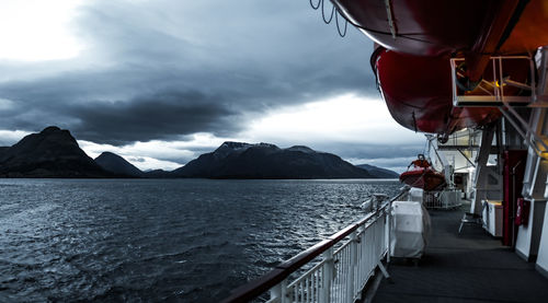 Scenic view of sea and mountains against sky