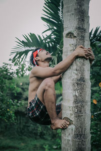 Low section of man by tree trunk