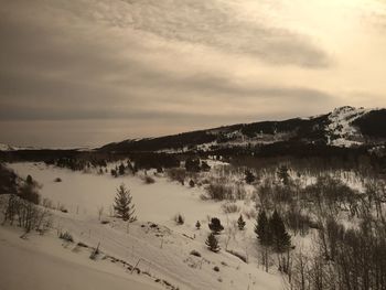 Scenic view of snow covered landscape against sky