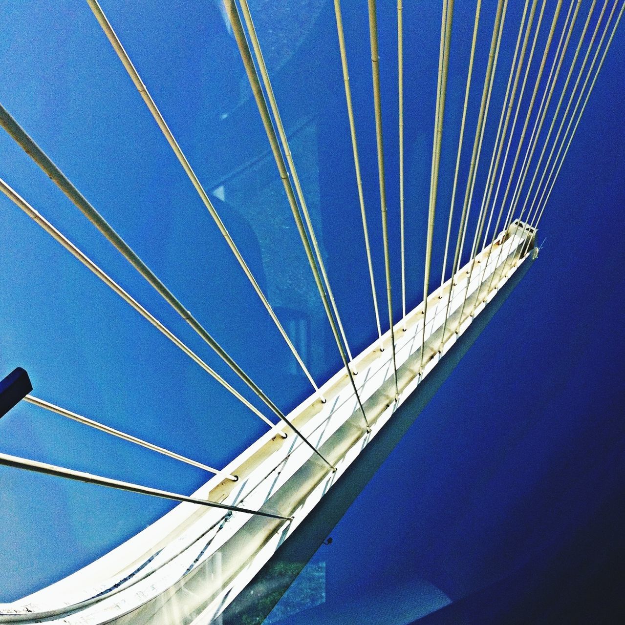 blue, connection, built structure, bridge - man made structure, architecture, low angle view, engineering, transportation, suspension bridge, bridge, sky, cable-stayed bridge, water, railing, day, outdoors, no people, clear sky, steel cable, travel