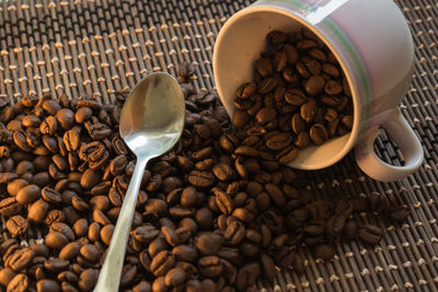High angle view of coffee beans on table