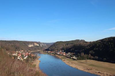 Scenic view of river and mountains against blue sky