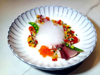 High angle view of dessert in plate on table