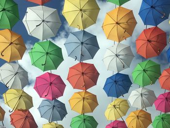 Full frame shot of multi colored umbrellas hanging on ceiling