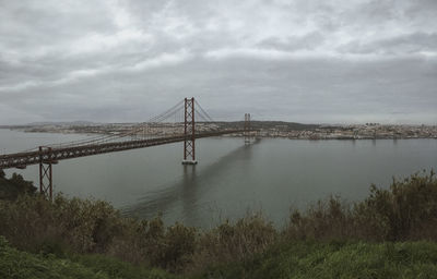 Suspension bridge over river against cloudy sky