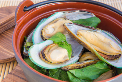 High angle view of fish in bowl on table