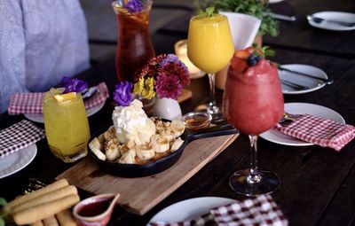 High angle view of breakfast served on table