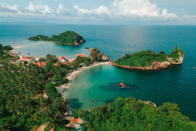 High angle view of bay against sky