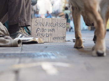 Low section of beggar with text on cardboard by dog at footpath