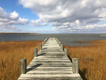 Wooden boardwalk leading towards water against sky