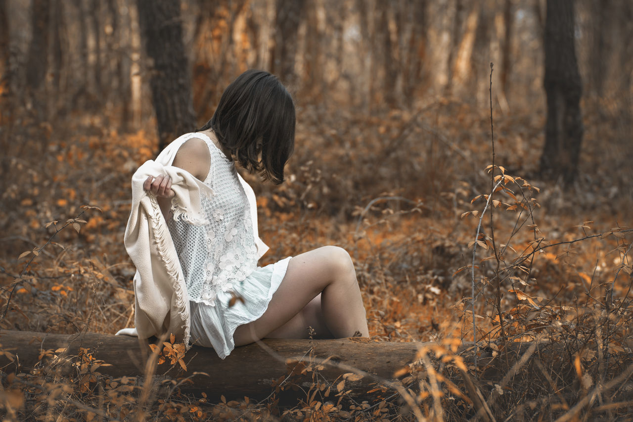 one person, land, real people, forest, sitting, women, lifestyles, leisure activity, nature, plant, full length, focus on foreground, hairstyle, tree, casual clothing, hair, rear view, day, field, woodland, outdoors