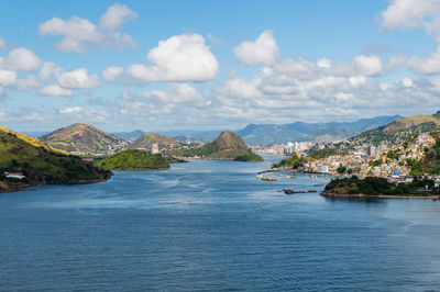 Scenic view of sea and mountains against sky