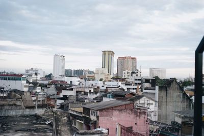 High angle view of buildings against sky