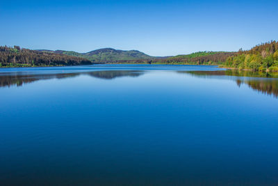 Scenic view of lake against clear blue sky