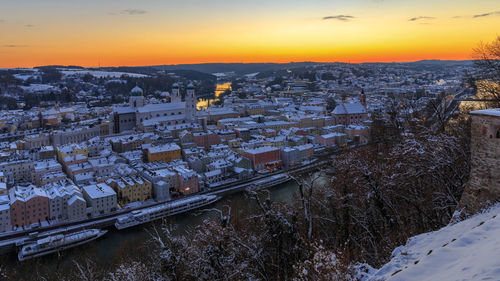 High angle view of cityscape during winter