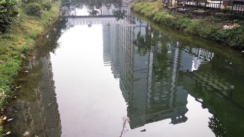 Reflection of trees in lake against sky