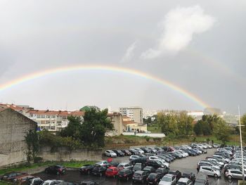 Scenic view of rainbow over buildings in city
