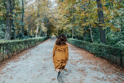 Rear view of woman walking in forest