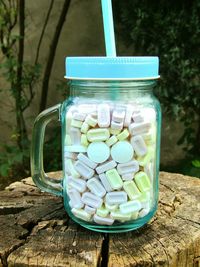 Close-up of drink in jar on table