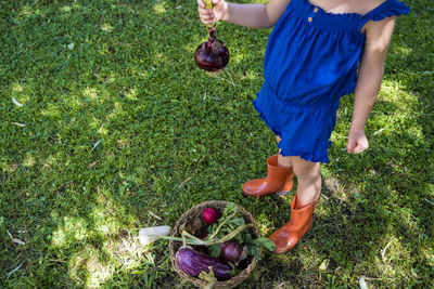 Low section of boy holding fruit