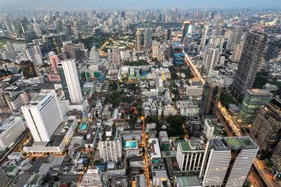 High angle view of modern buildings in city