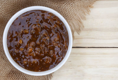 High angle view of food in bowl on table