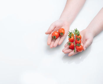 Cropped image of person holding fruit against white background
