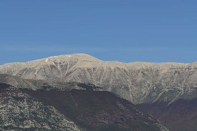 Scenic view of mountains against clear blue sky