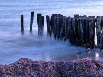 Panoramic view of wooden posts in sea