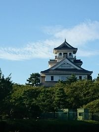 Low angle view of trees and building against sky