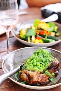 Close-up of food served on table