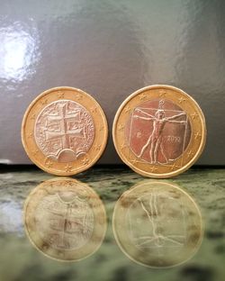 Close-up of coins on water