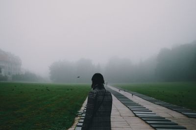 Rear view of person on landscape against sky