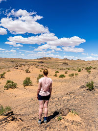 Full length rear view of woman standing on land against sky