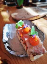 High angle view of dessert served on table
