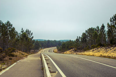 Empty road along trees and plants against sky