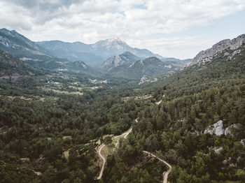 Scenic view of mountains against cloudy sky