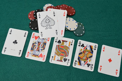 High angle view of cards with gambling chips on table