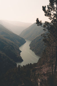 High angle view of trees and mountains against sky