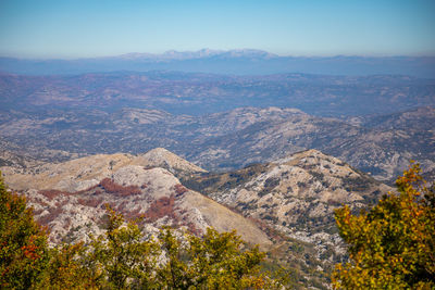 High angle view of landscape and mountains against sky