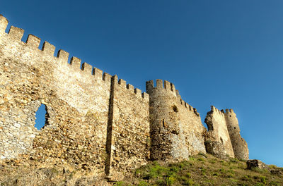 Low angle view of old ruins against clear blue sky